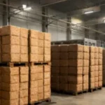 Warehouse stocked with palletised coco pith blocks