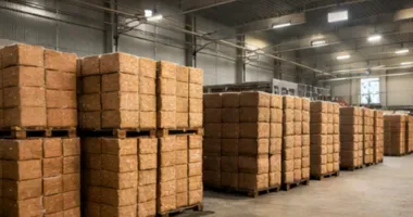 Warehouse stocked with palletised coco pith blocks